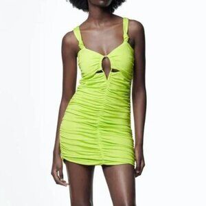 NEW Zara Mini Dress Fitted Stretch Neon Lime Green Peekaboo Ruched